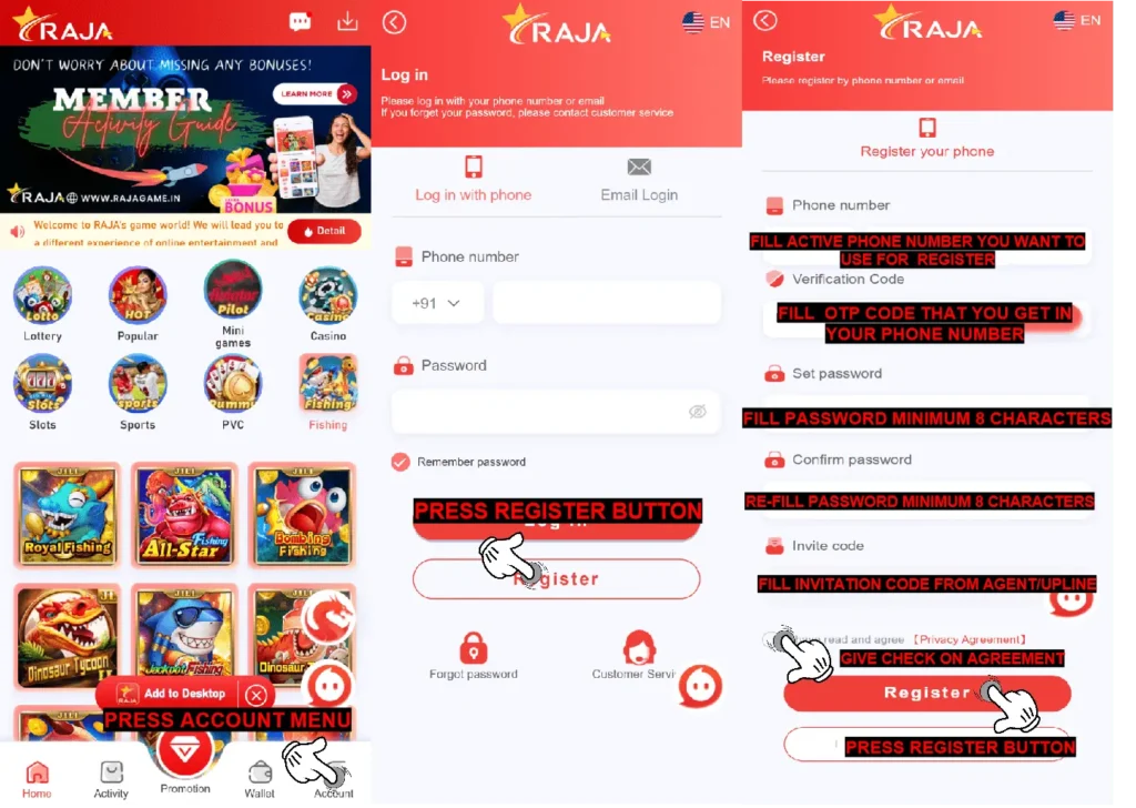 raja game registration